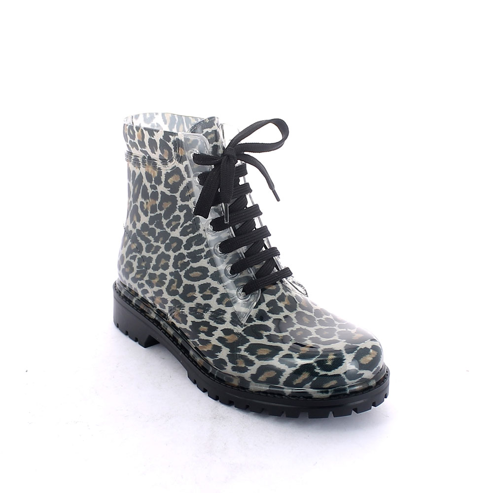 Short laced up boot in transparent pvc with bright finish and cut and stitched lining with pattern "White and black Maculato"