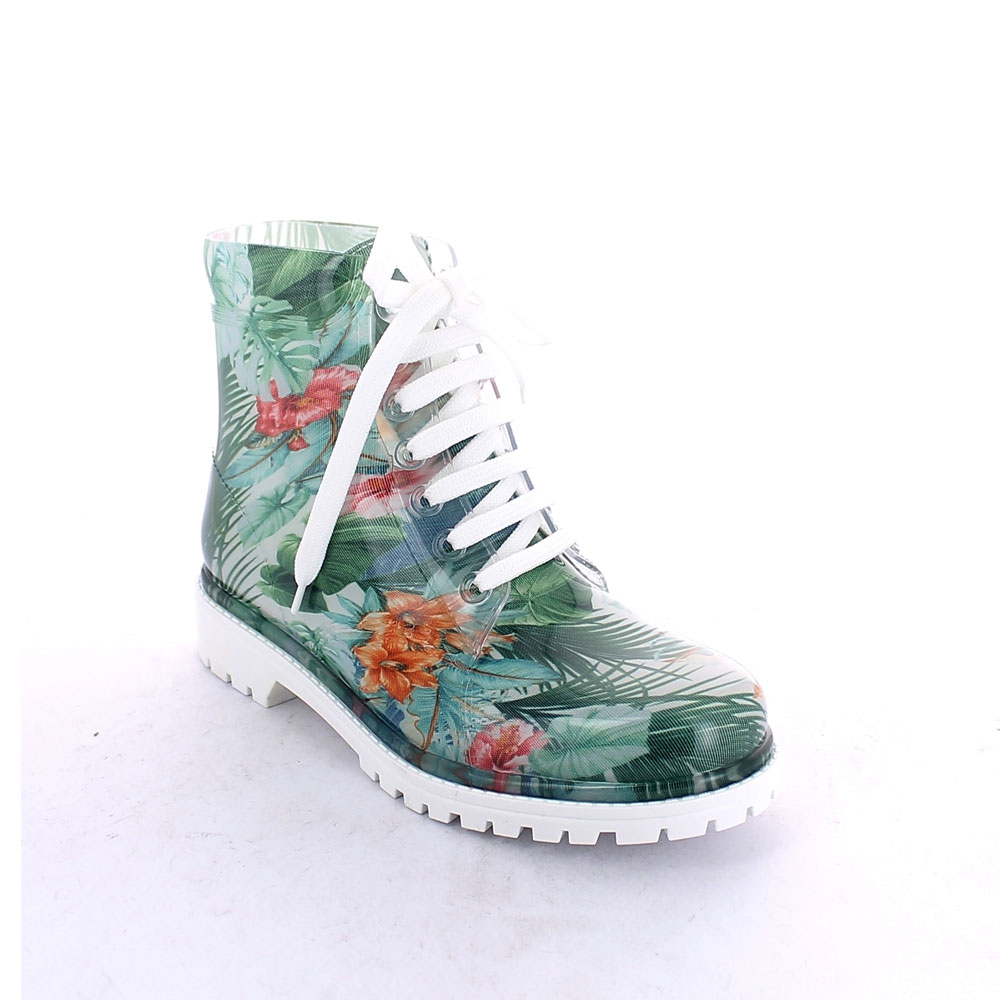 Stivaletto allacciato modello anfibio in pvc lucido trasparente con calza tagliata e cucita fantasia "Tropical Flowers Verde"