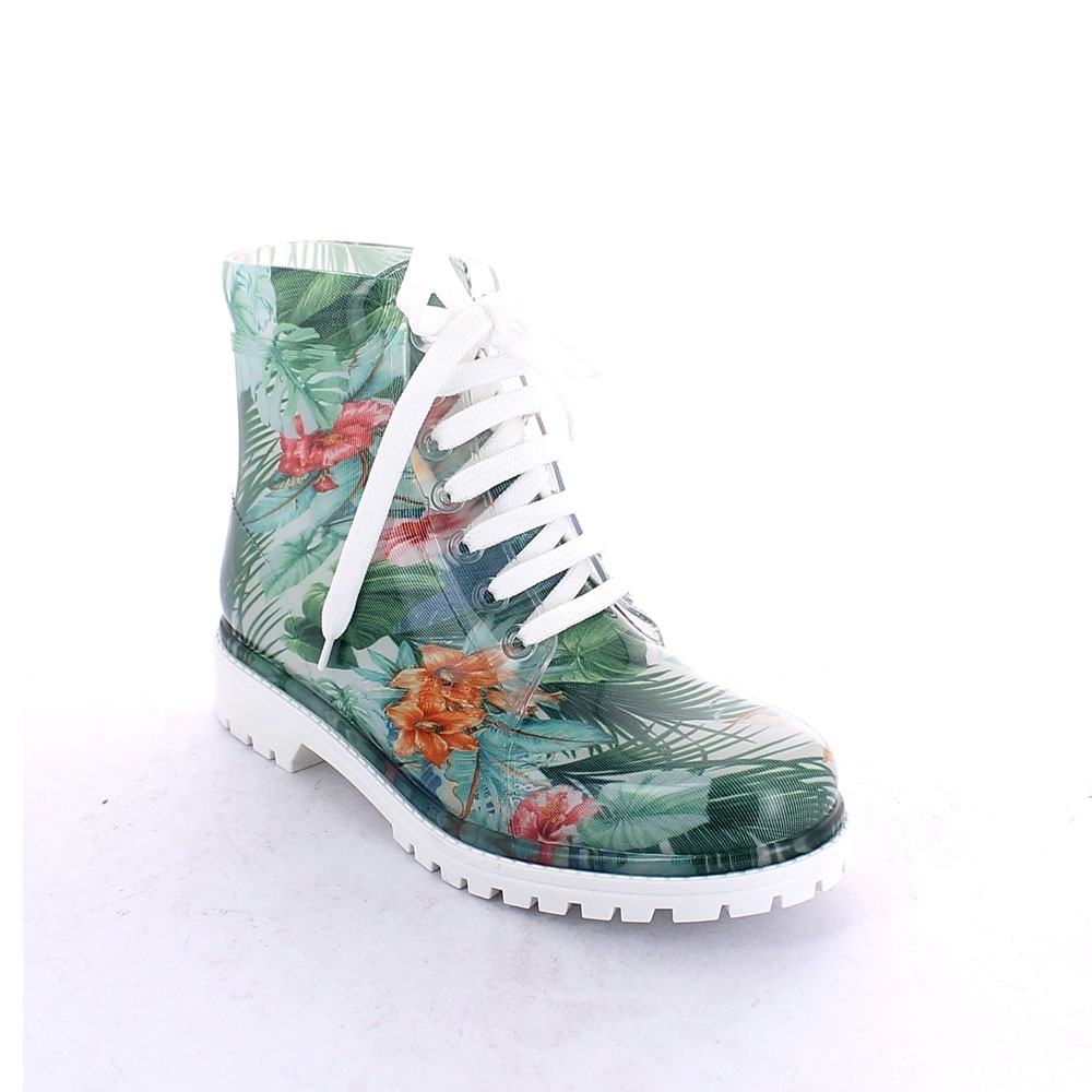 Short laced up boot in transparent pvc with bright finish and cut and stitched lining with pattern "Green Tropical Flowers"