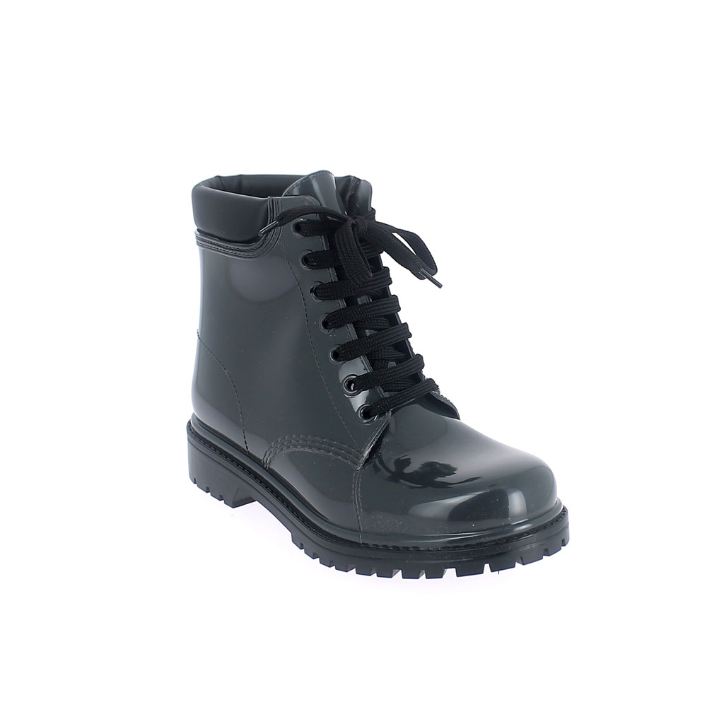 Short laced up boot in pvc with bright finish and padded trim. Made in Italy