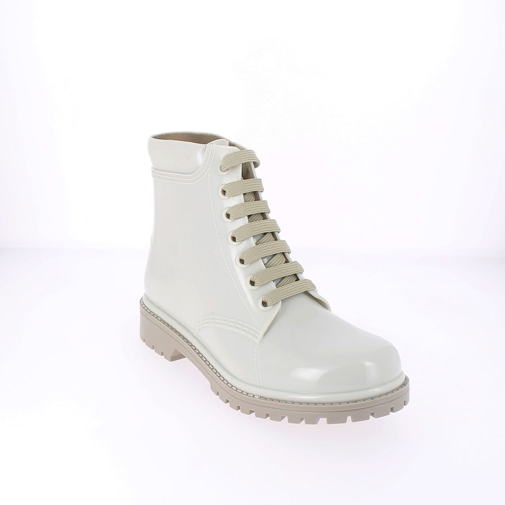 Short laced up boot in two-colour pvc with bright finish. Made in Italy