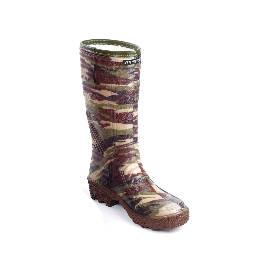 Stivale in pvc trasparente ad altezza ginocchio con calza disegno mimetico, gambale bordato e foderato lana sintetica