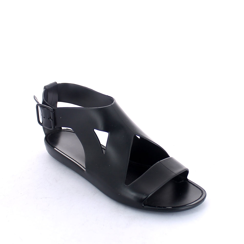 Solid colour bright finish pvc Sandal with open band upper and lateral buckle at ankle height