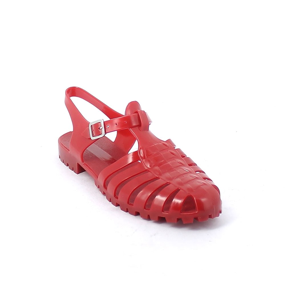 Solid colour pvc sandal with strap and metal buckle end; pad printing on the insole
