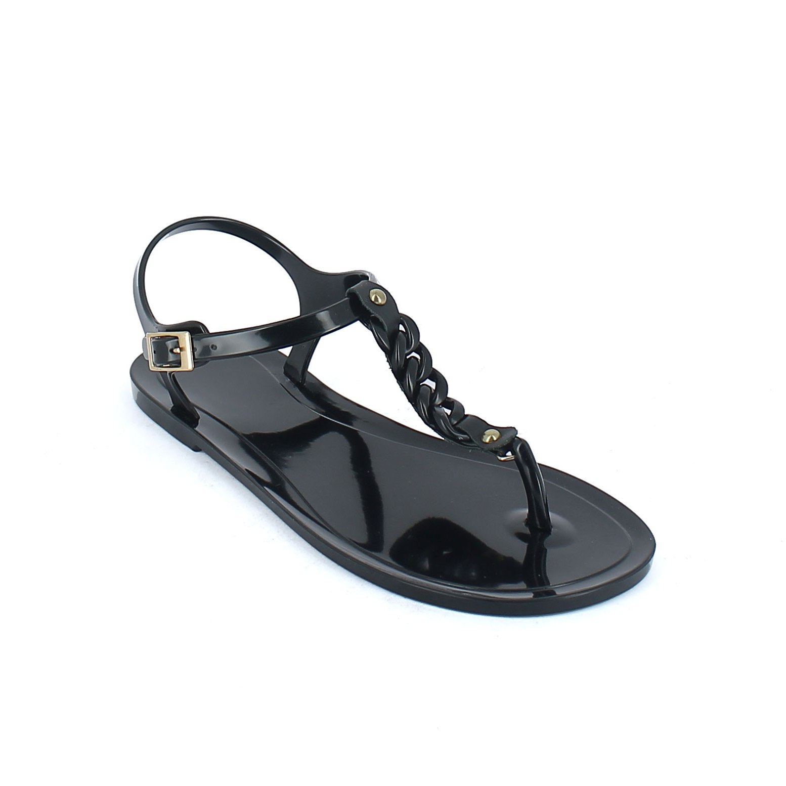 Solid colour bright finish pvc sandal with a small chain on the foot instep