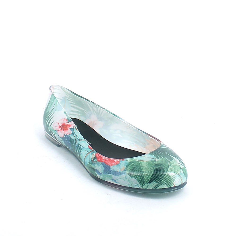 Ballerina in pvc trasparente con calza tagliato e cucito "Tropical Flowers verde" e tampografia sottopiede