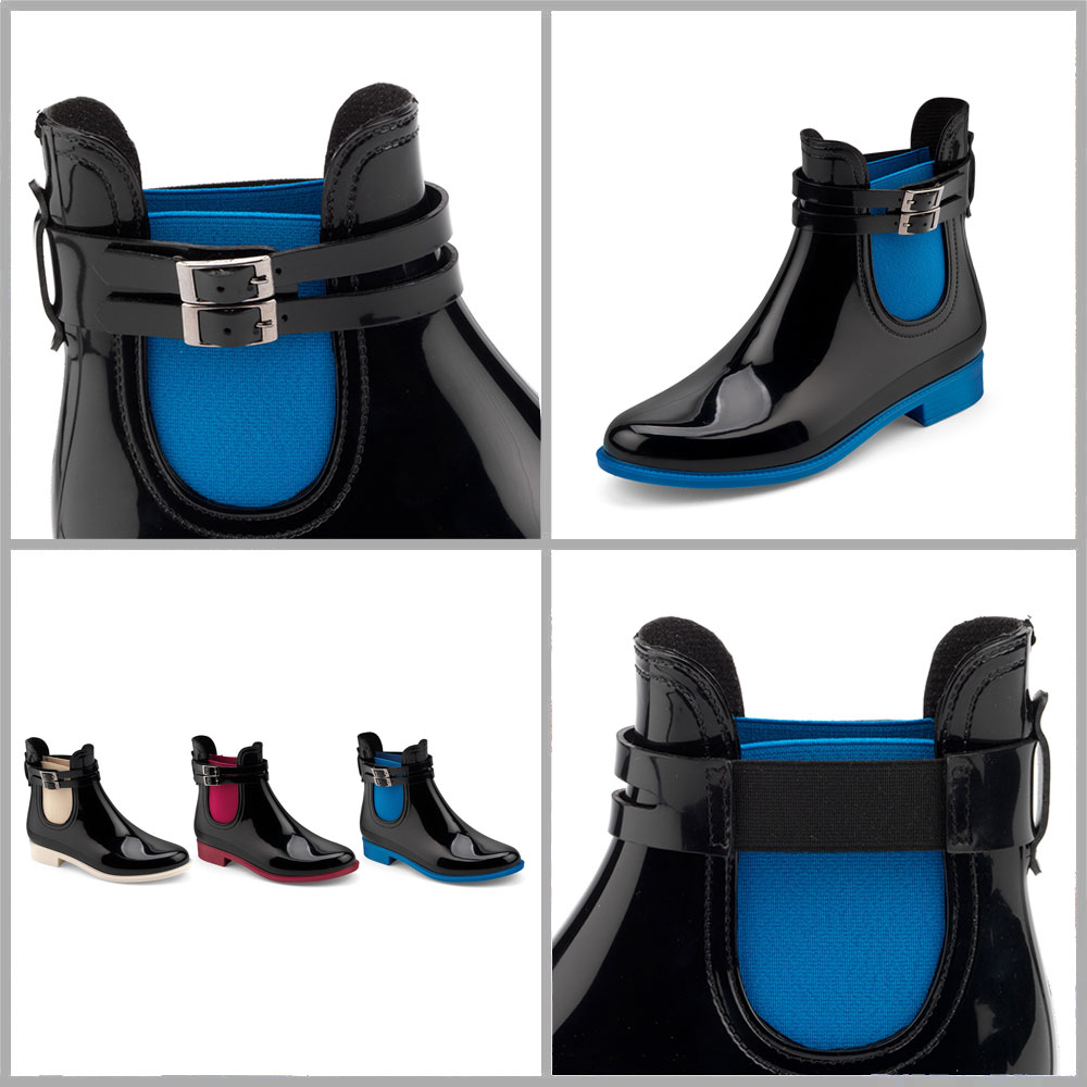 pvc double strap with rear loop and small rectangular buckle made of nickel free metal and applied on a chelsea boot