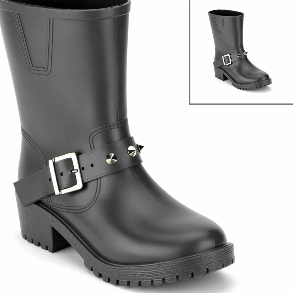 Pvc strap on Biker boot model with square buckle and conic-shape nickel free metal studs