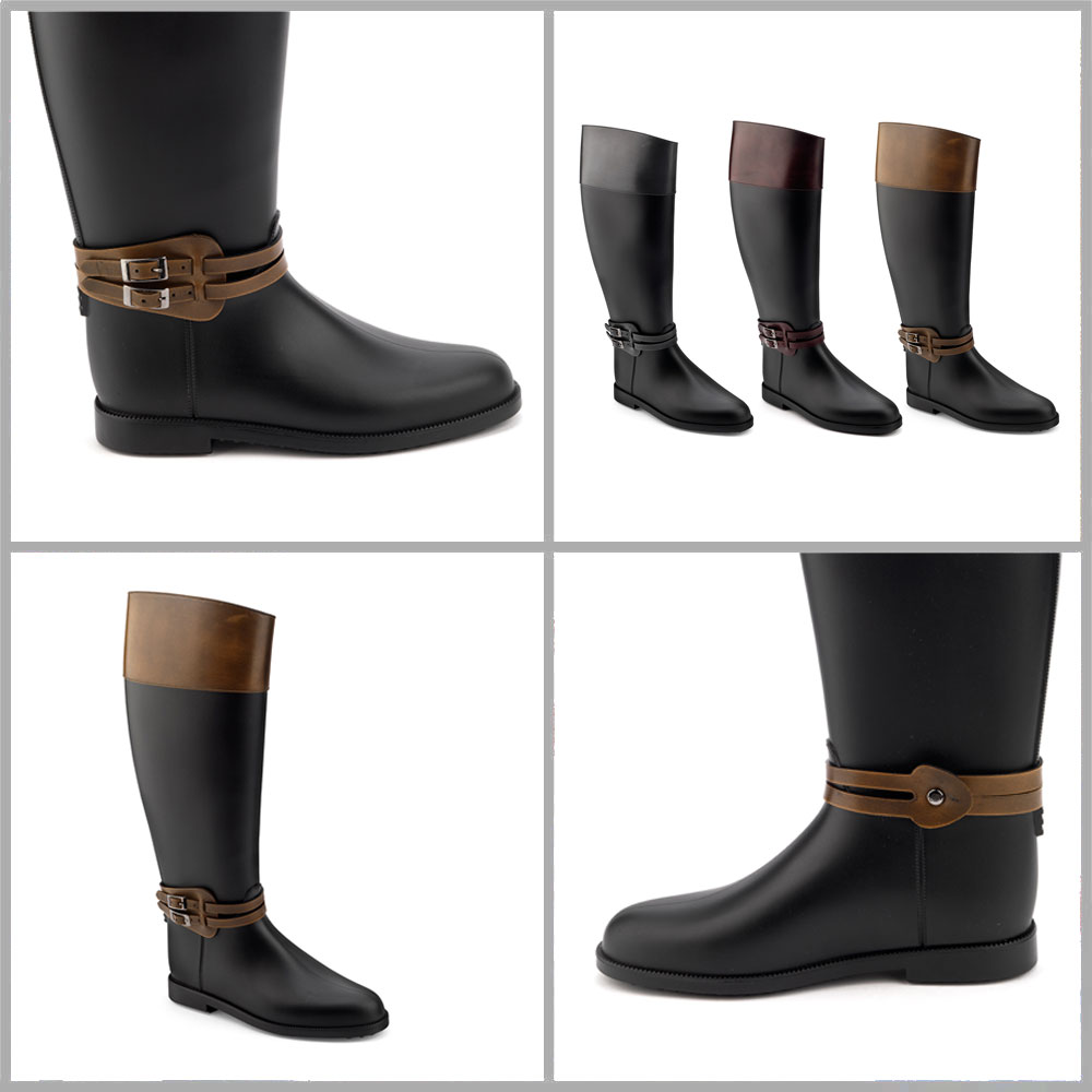 Riding boot with pvc double strap at ankle height, with varnish brush effect finish and metal buckle