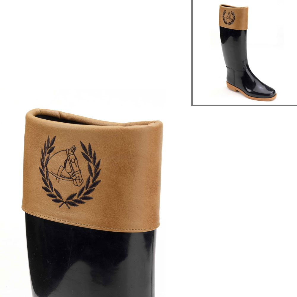 Leatherette large band with lateral embroidery sewn on riding boot model