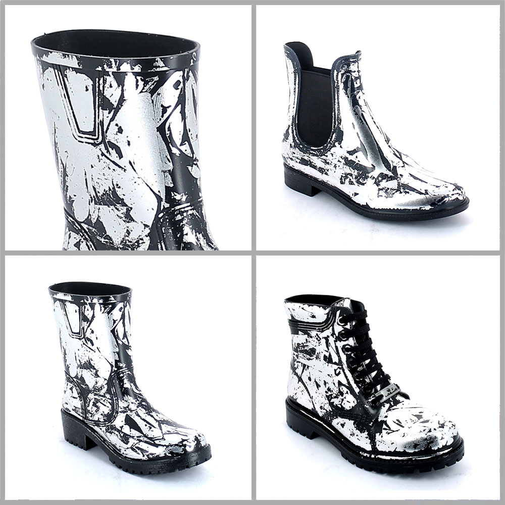 Lamina in foglia argento su calzature in pvc di base nera
